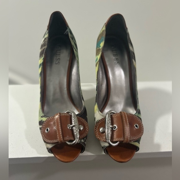 GUESS Women's Brown and Green Multi Satin Peep-Toe Heels with Leather Buckle - Picture 1 of 4